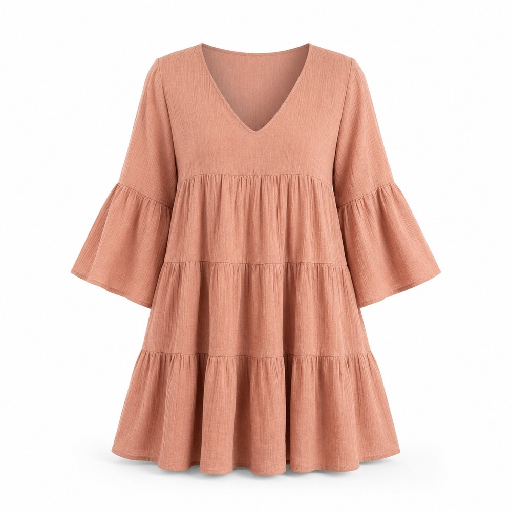 Listicle Babydoll Dress M Terracotta Tiered Bell Sleeve Boho LD0514 Gauze Earthy